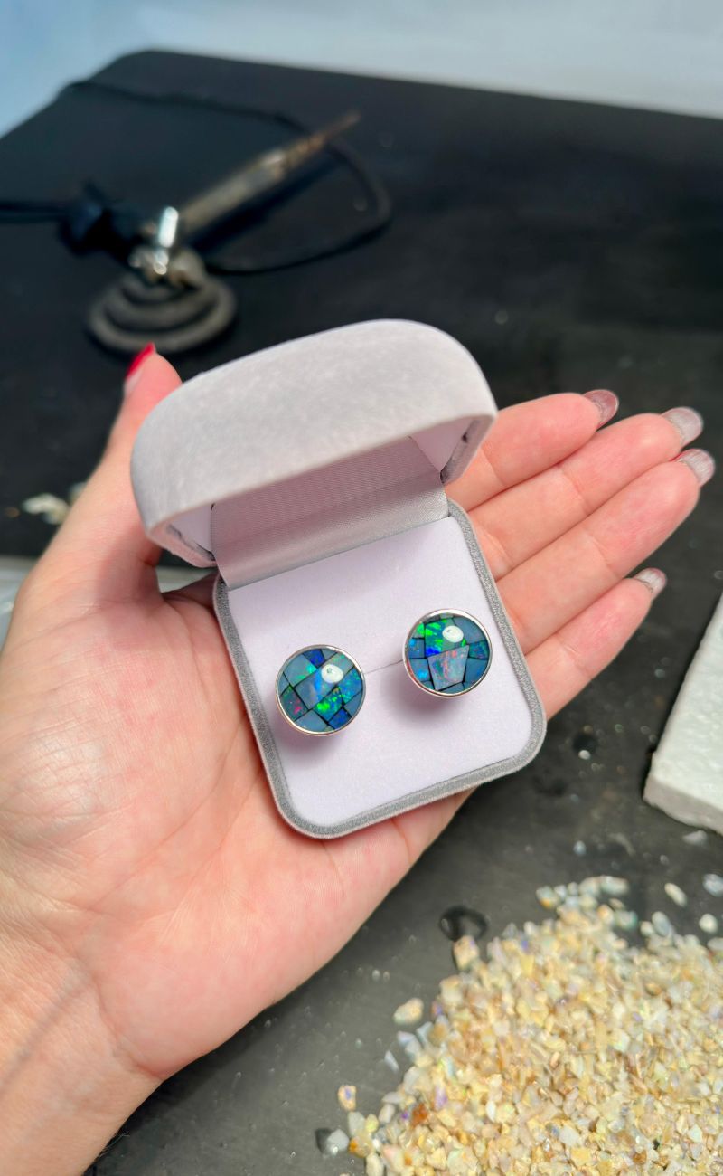 Abotoaduras em prata 950 e mosaico de opala natural