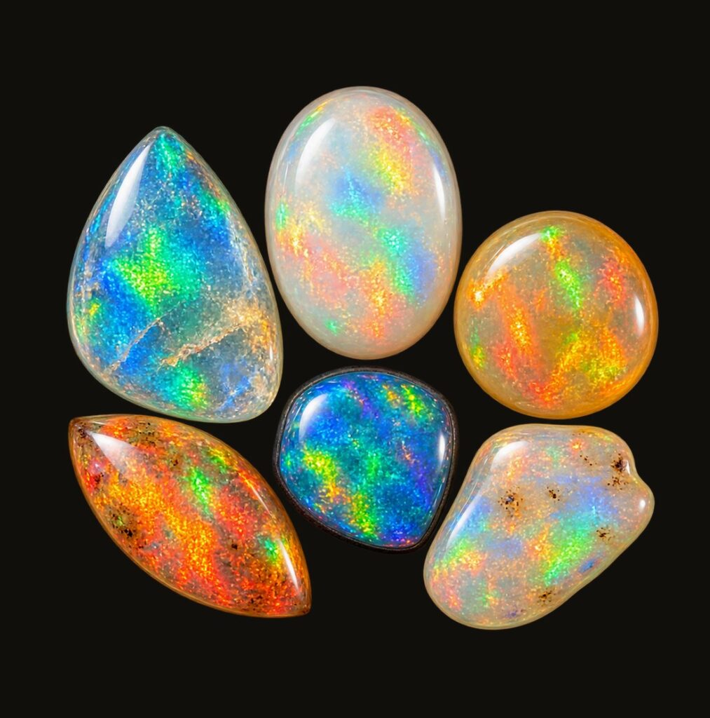 Seis opalas naturais lapidadas em cabochão, com jogo de cor em azul, verde, laranja e vermelho